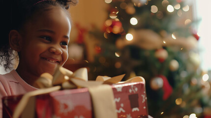 Christmas family portrait, children happily opening presents while parents look on with pride, warm and cozy home