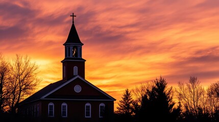 Fototapeta premium Sunset Over Rustic Church with Cross Silhouette Against Colorful Sky