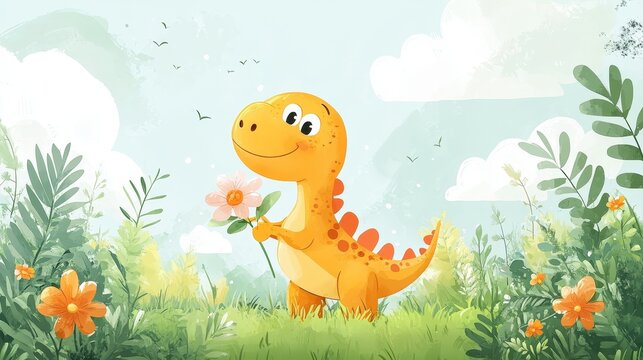 Cute yellow dinosaur holding a colorful flower in a grassy field, flat illustration in watercolor style with minimal details, simple background, no shadows, and a cute cartoon design, vector clipart.