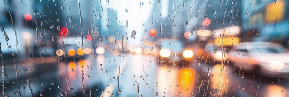 Aufkleber Raindrops create beautiful patterns on a window, revealing an empty street with distant vehicle lights and a serene, cloudy ambiance. Generative AI