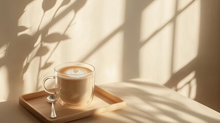 Aesthetic Latte Art in Clear Glass Cup on Wooden Tray with Shadows