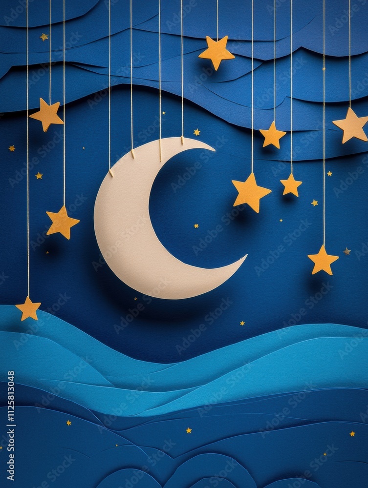 Aufkleber a whimsical holiday night features a crafted moon and stars suspended against deep blue paper layers