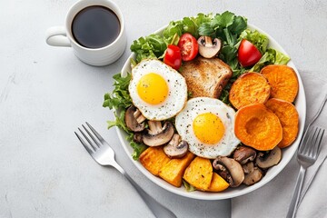 Healthy breakfast bowl with fried eggs, roasted sweet potatoes, mushrooms, toast, and salad.