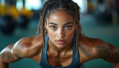 Focused woman showcases her strength while performing push-ups in a gym environment