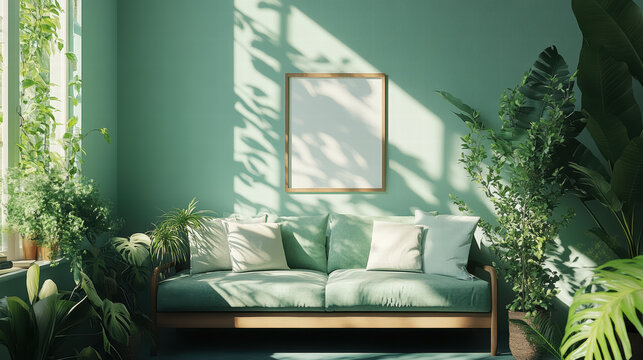 Green living room with a sofa and plants, a mock-up frame on the wall, bright daylight, a green color scheme, and natural light