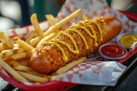 A corndog in a carnival food basket with fries, mustard and ketchup packets nearby.Deep-fried corndog.Corndog.Classic corndog.Crispy corndog.