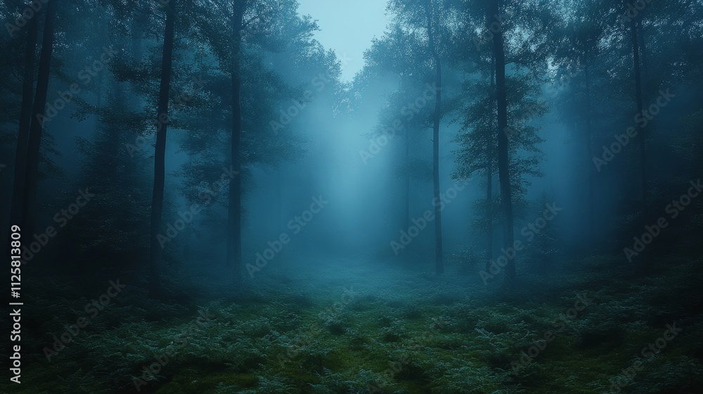 Poster mysterious misty forest with tall trees and dense fog coverage