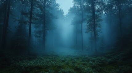 Naklejka premium Mysterious Misty Forest with Tall Trees and Dense Fog Coverage