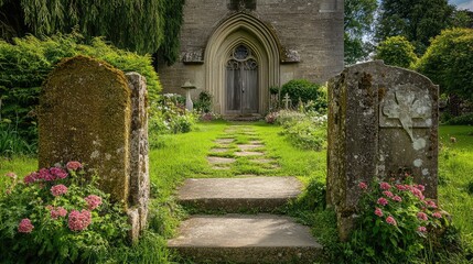 Fototapeta premium Serene Pathway Through Gravestones Leading to an Old Chapel