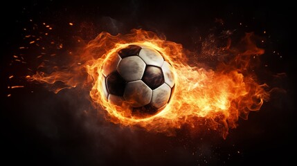 Fototapeta premium Fiery Soccer Ball Entering the Goal with Explosive Motion in Dark Stadium