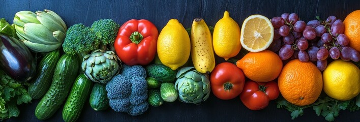 Colorful arrangement of fresh fruits and vegetables on a dark background. © adri