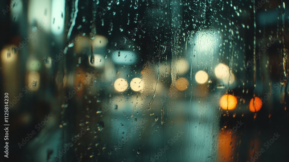 Aufkleber raindrops streak down a glass pane, obscuring the view of an empty street illuminated by distant cit