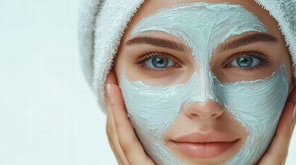 A beautiful woman with a white facial mask on her face and a towel wrapped around her head
