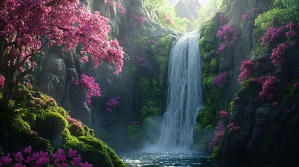 Enchanted Waterfall in a Lush, Floral Paradise