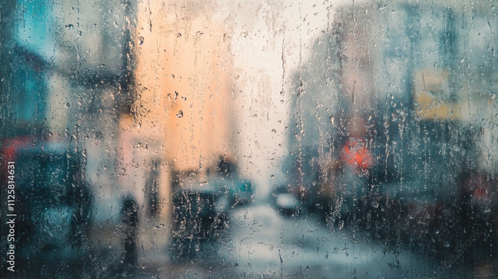 Aufkleber water droplets cling to the window, blurring the view of a deserted street in the city, providing a 