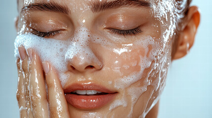 A beautiful woman with clear and fresh skin, washing her face with water on a white background