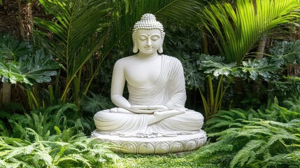 Serene Buddha Statue Surrounded by Lush Tropical Foliage