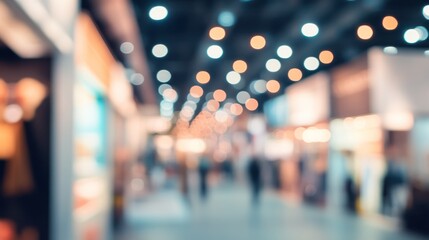 Abstract blurred background of an expo scene with soft lights and subtle motion.