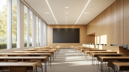Modern Classroom Interior with Large Windows and Wooden Decor