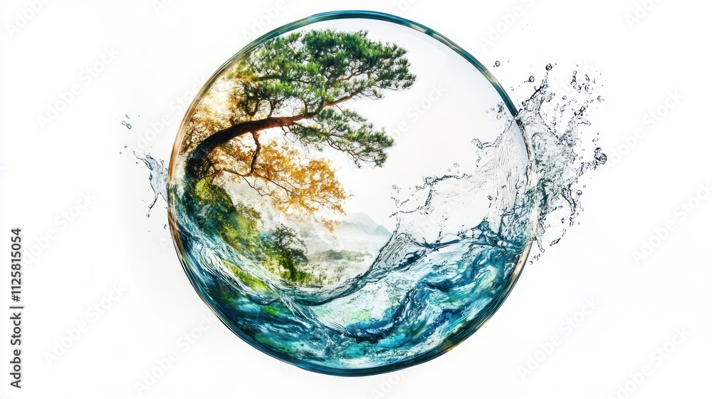 Poster artistic circular water splash with smooth curves, blending abstraction and natural visuals,