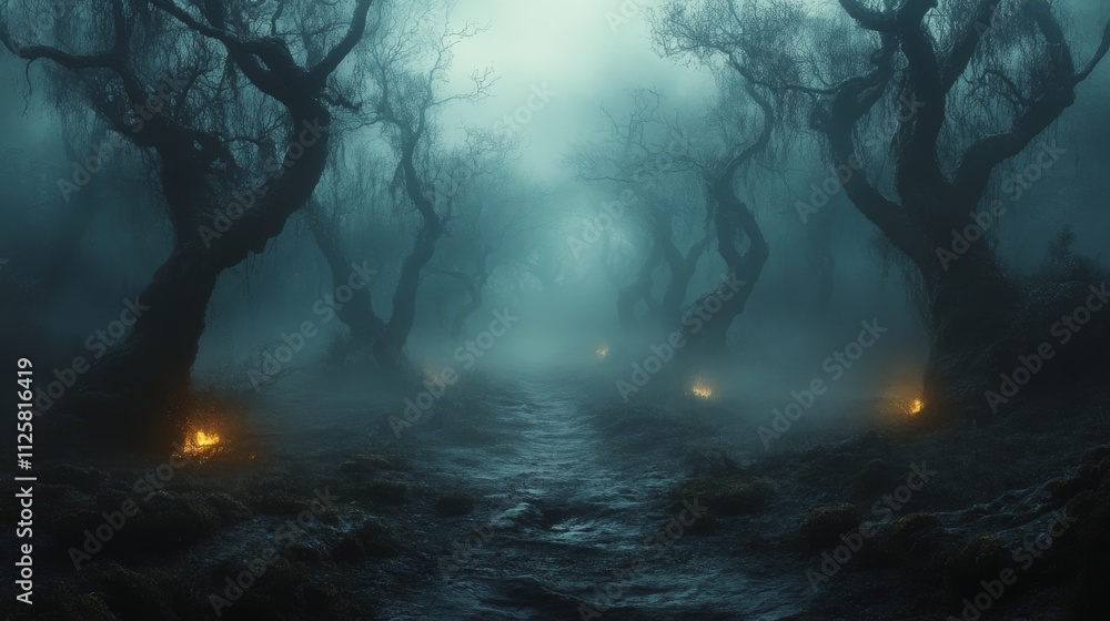 Poster mysterious dark forest with twisting trees and soft foggy glow