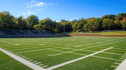 Fototapeta premium Open Football Field with Green Turf and Spectator Stands in Autumn