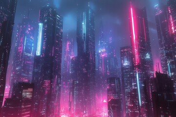 A vibrant, futuristic cityscape illuminated by neon lights in a cyberpunk style.