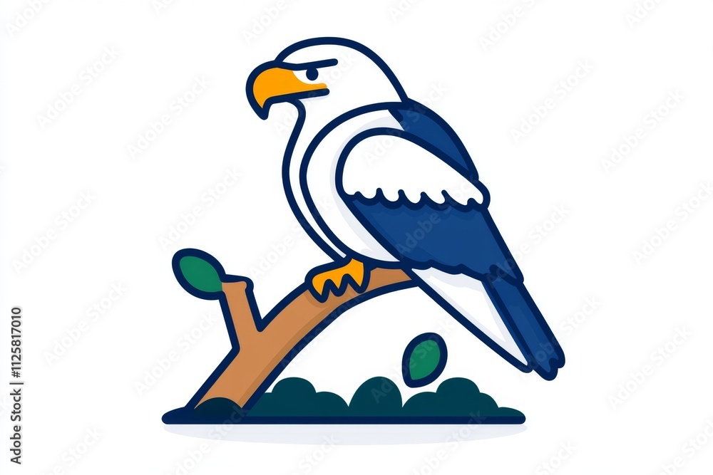 Poster a clean icon of an eagle perched on a branch, illustrated with sharp lines and a subtle two-tone col