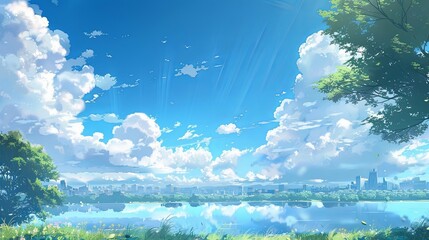 Fototapeta premium Serene Lakeside Cityscape Under a Bright, Cloudy Sky