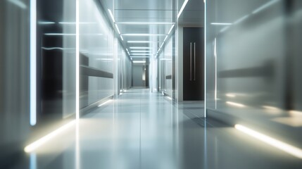 Fototapeta premium Futuristic blurred hospital corridor with clean lines and innovative lighting.