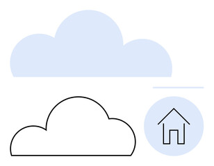 Blue cloud and black outline cloud with minimalist house icon in blue circle. Ideal for weather apps, real estate websites, cloud computing symbols, home security, environmental themes, minimalistic