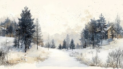 Obraz premium Innocent and romantic artistic style depicting the festive atmosphere of Norway's natural scenery with forests, hills, snow-covered paths, whimsical illustrations in white, pale yellow, and indigo.