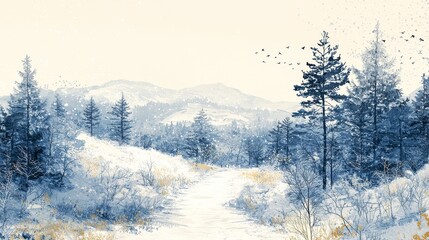 Fototapeta premium Innocent and romantic artistic style depicting the festive atmosphere of Norway's natural scenery with forests, hills, snow-covered paths, whimsical illustrations in white, pale yellow, and indigo.