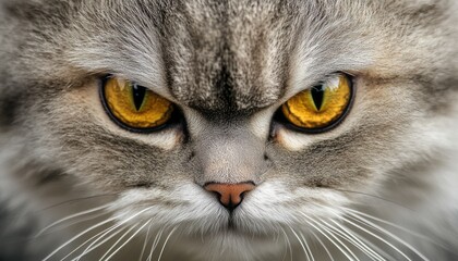 Close-up view of a gray cat with vibrant yellow eyes, highlighting its fierce expression