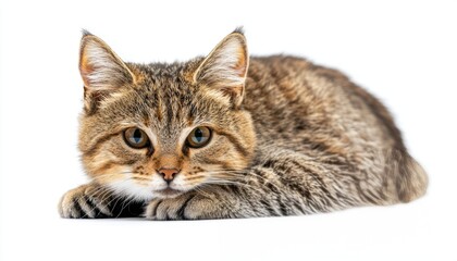 Fototapeta premium A small tabby cat is lying down, looking curiously at the viewer in a calm setting