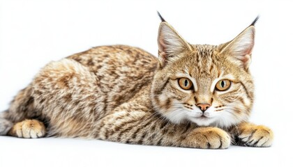 Naklejka premium A wild feline lies comfortably with its striking features and captivating eyes highlighted