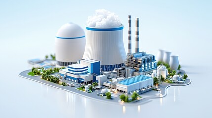 Miniature model of a nuclear power plant featuring cooling towers, reactors, and surrounding infrastructure set against a light background.