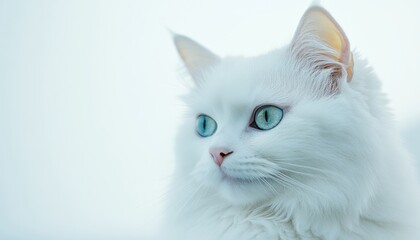 This white cat with blue eyes appears calm and relaxed in a well-lit space