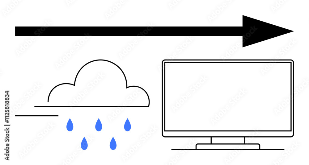 Poster cloud with raindrops, an arrow pointing towards a computer monitor. ideal for data transfer, weather