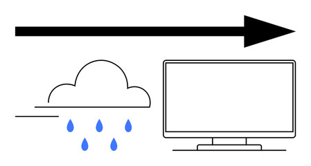 Cloud with raindrops, an arrow pointing towards a computer monitor. Ideal for data transfer, weather apps, forecasting, communication, technology, cloud computing digital information. Line metaphor