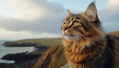 Obraz premium A cat calmly observes the ocean from a rocky cliff as the sun sets over the horizon