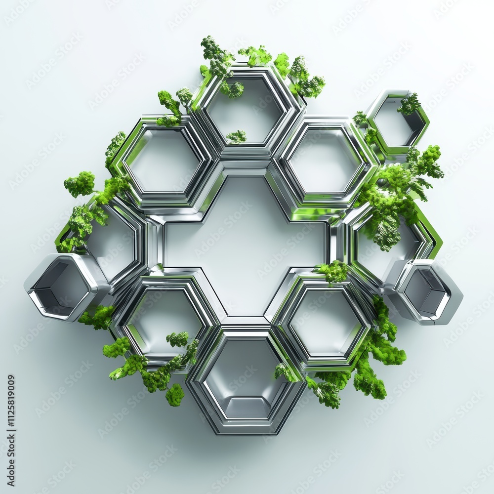 Aufkleber a modern design featuring hexagonal structures intertwined with greenery.
