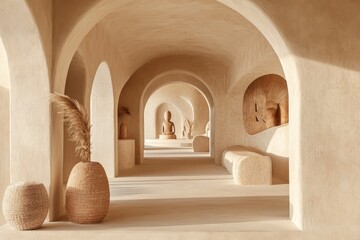 Serene Minimalist Interior with Arched Architecture, Natural Textiles, Subtle Earth Tones, and Artistic Decor Creating a Calming Ambience