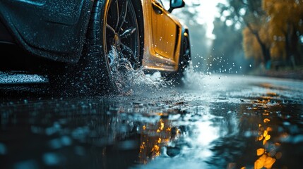 Cautious drive: vehicle carefully maneuvers on a slick road, illustrating the significance of maintaining control and awareness in adverse weather conditions to ensure safety and prevent accidents.