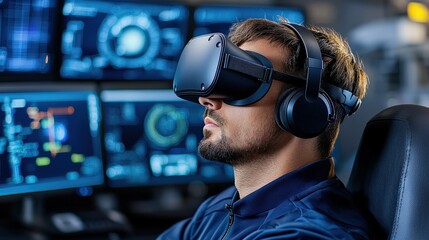 A man wearing a virtual reality headset and headphones, immersed in a digital environment with computer screens in the background.