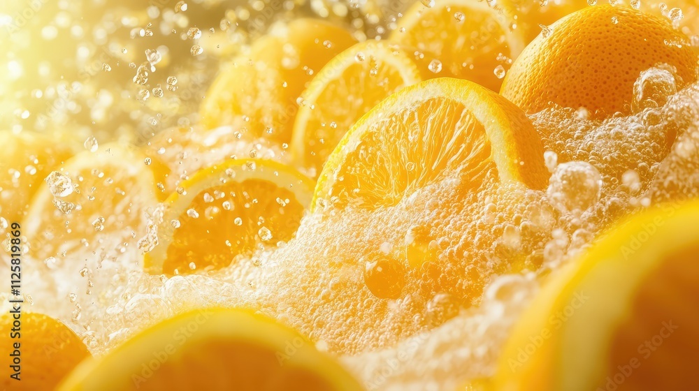 Poster refreshing bubbles and citrus slices splashing in bright light