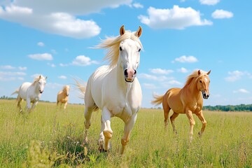 Obraz premium A dynamic chase scene featuring wild horses galloping through an open field, their manes and tails flying in the wind