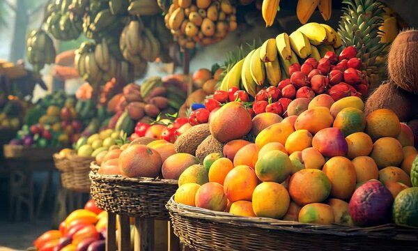 Vibrant Tropical Fruit Display at a Sunny Outdoor Market