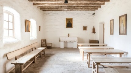Obraz premium Serene Interior of a Simple Chapel with Rustic Wooden Decor