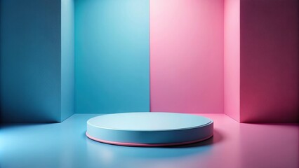Minimalist blue and pink interior with round platform, minimalist, blue, pink, interior, round, platform, design, decor